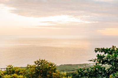 Vue sur une étendue d'océan au coucher du soleil, entourée de végétation verdoyante au premier plan.