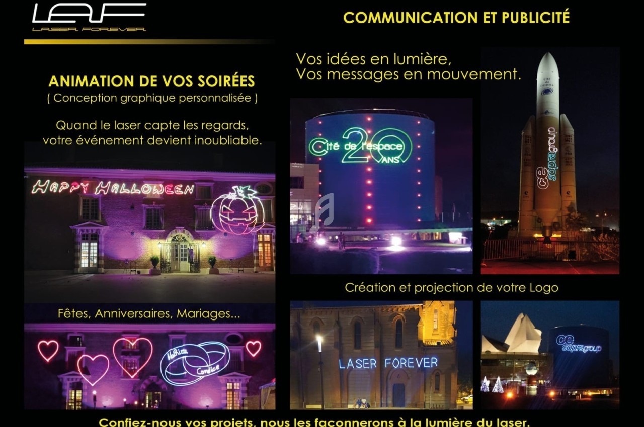 Projection lumineuse de messages et logos personnalisés sur des bâtiments pour des événements et célébrations.