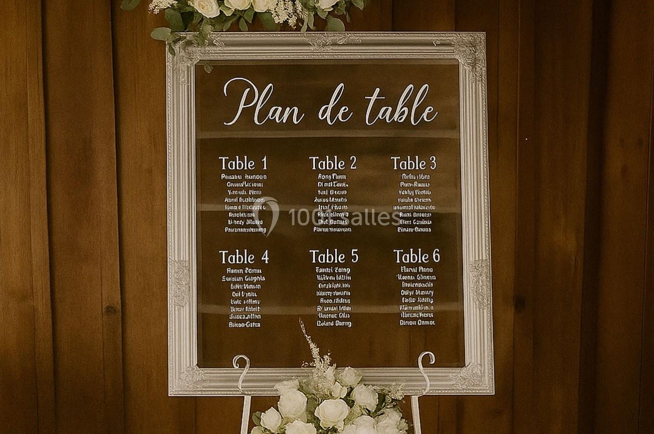 Panneau de plan de table de mariage avec cadres dorés, texte blanc et décorations florales blanches et vertes.