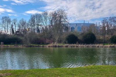 Lustre en cristal doré suspendu sous un plafond peint avec des nuances pastel de bleu et de rose.