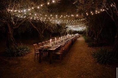 Un couple monte des marches, la mariée en robe blanche et voile, entourée d'invités élégamment vêtus.