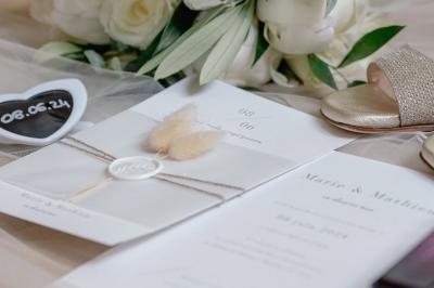 Un couple monte des marches, la mariée en robe blanche et voile, entourée d'invités élégamment vêtus.