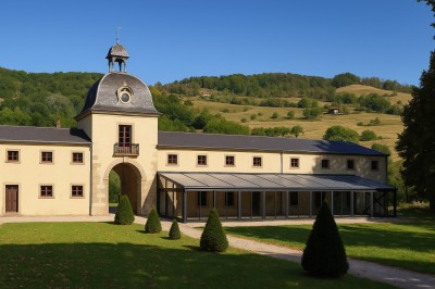 Salle de bain avec baignoire sur pieds, lavabo sur meuble en bois et murs décorés de cadres anciens.