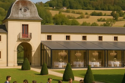 Salle de bain avec baignoire sur pieds, lavabo sur meuble en bois et murs décorés de cadres anciens.