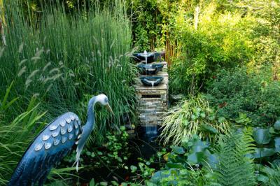 Coucher de soleil illuminant une rue bordée d'arbres et de bâtiments, avec des reflets sur le sol mouillé.