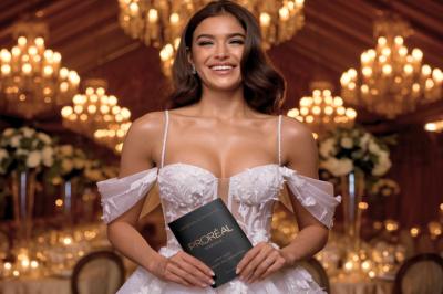 Femme en robe de mariée posant près d'albums photo élégants, entourée de bijoux et d'un décor raffiné.