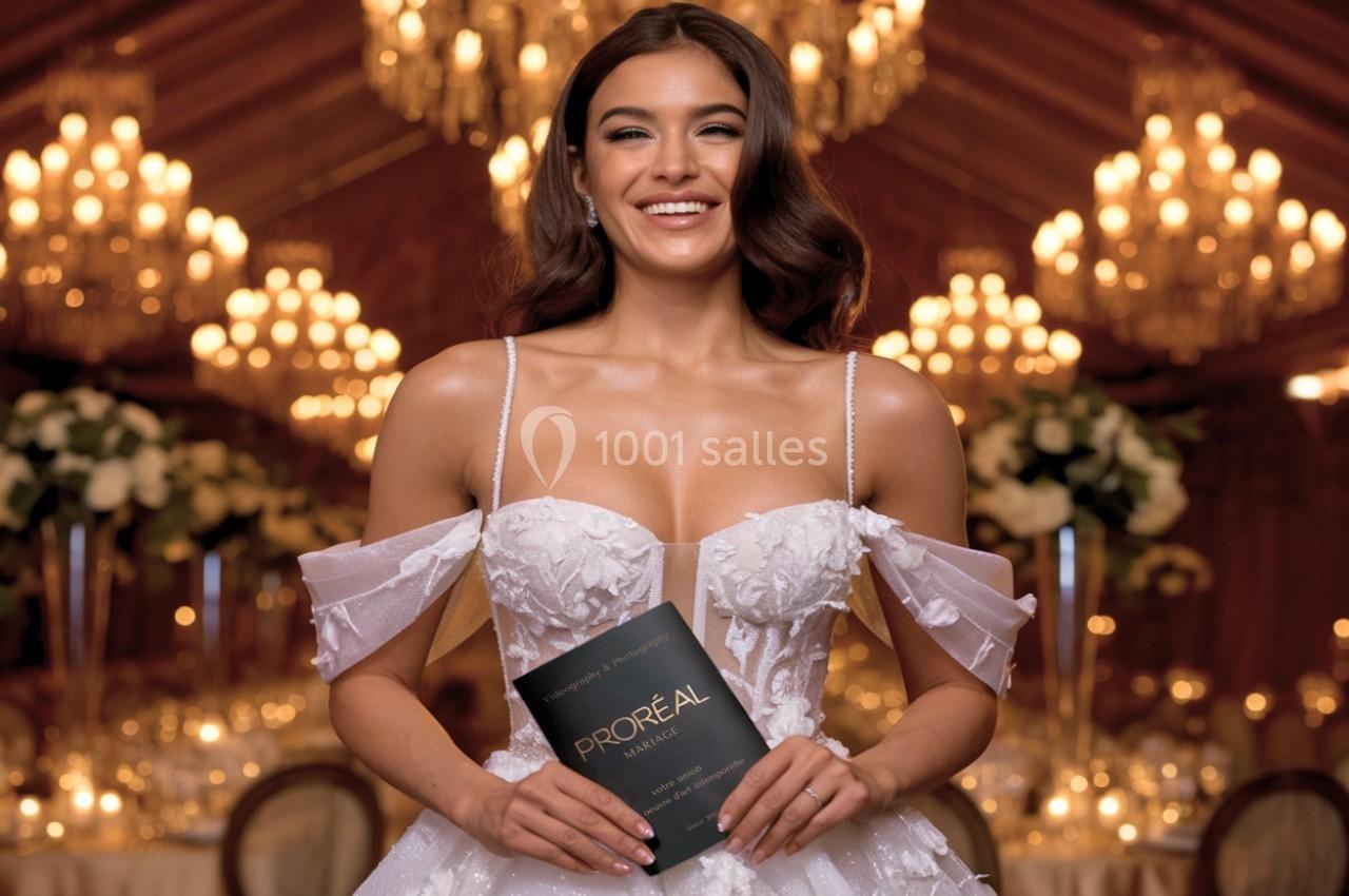 Une femme en robe blanche élégante tient un livret noir dans un décor lumineux avec des lustres et des fleurs.