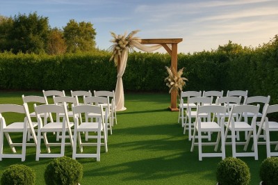 Gâteau décoré de glaçage caramel, éléments en chocolat, framboises et feuilles de menthe sur une assiette blanche.