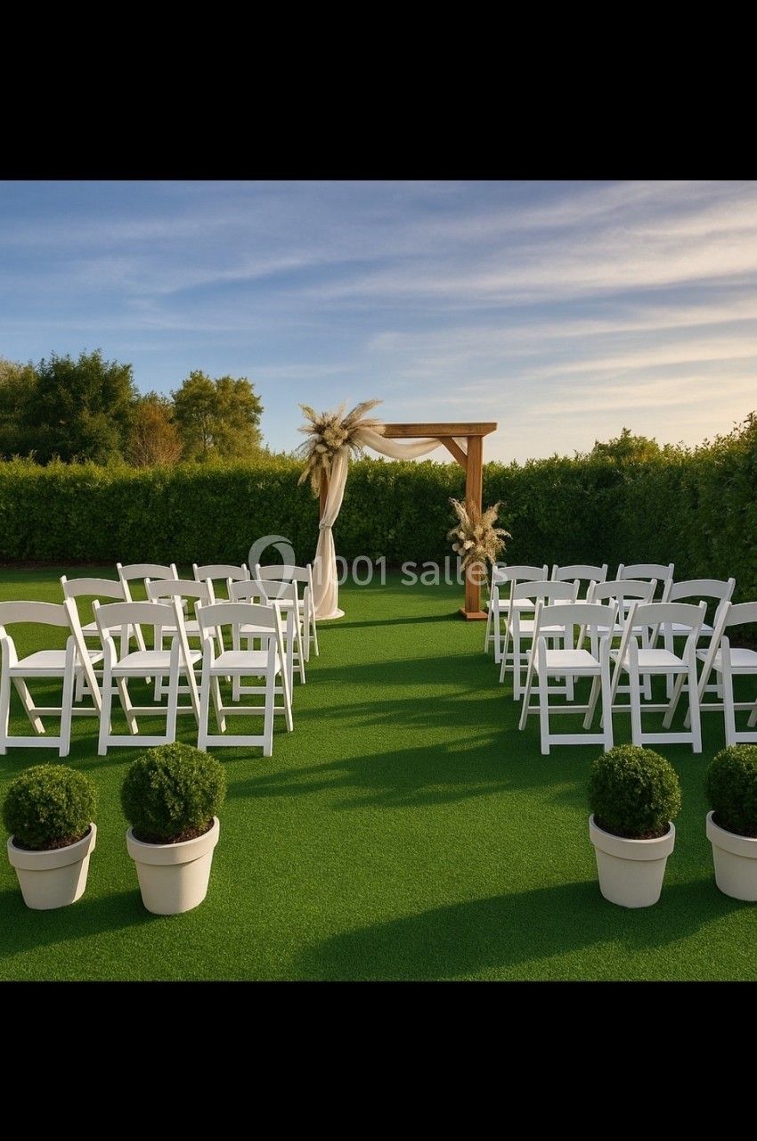 Chaises blanches disposées en allées face à une arche en bois, sur une pelouse artificielle entourée de verdure.