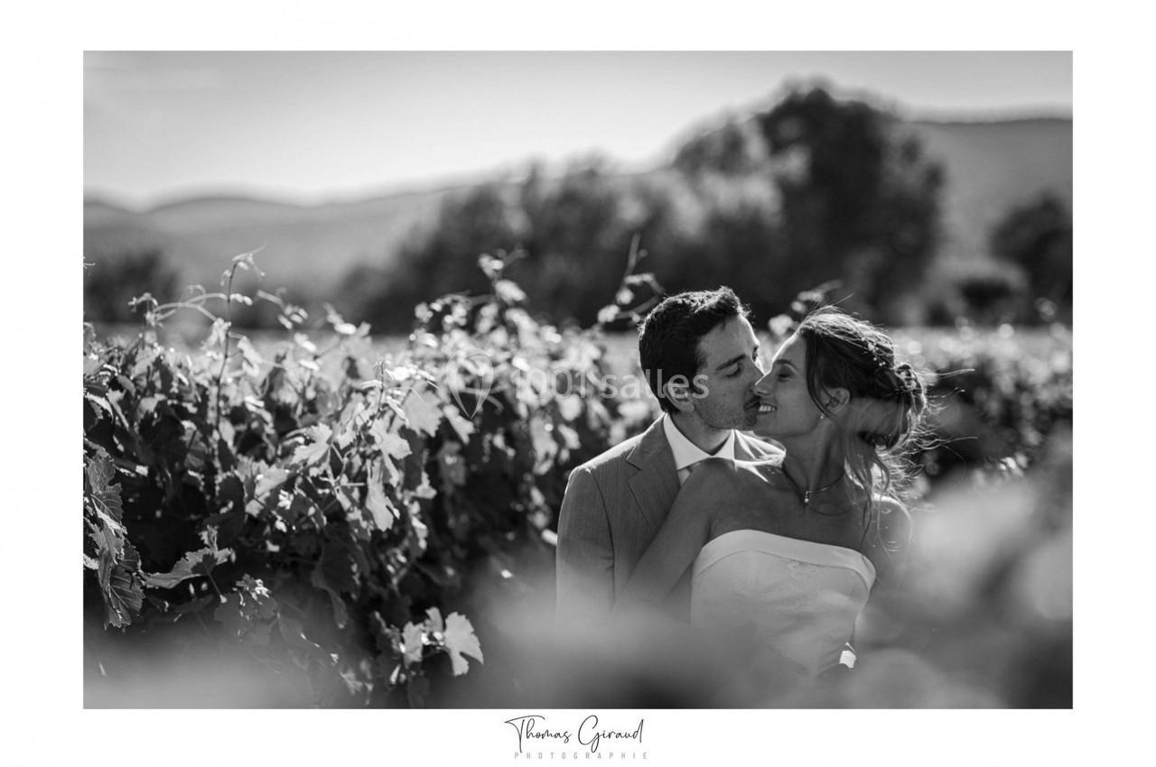 Un couple en tenue de mariage s'embrasse tendrement dans un vignoble sous une lumière naturelle.
