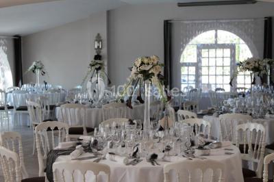 Allée rouge menant à une cérémonie en plein air, entourée de chaises blanches et de jardins verdoyants.