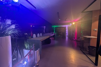 Un Père Noël décoratif près d'un sapin orné de boules argentées et de guirlandes rouges, dans un décor festif.