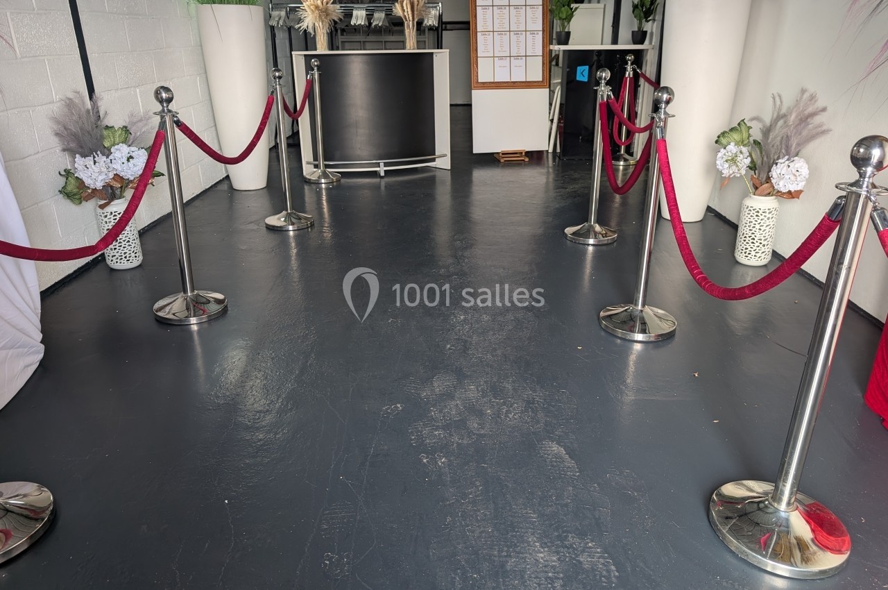 Entrée délimitée par des poteaux et cordons rouges menant à un comptoir dans un espace décoré de plantes.
