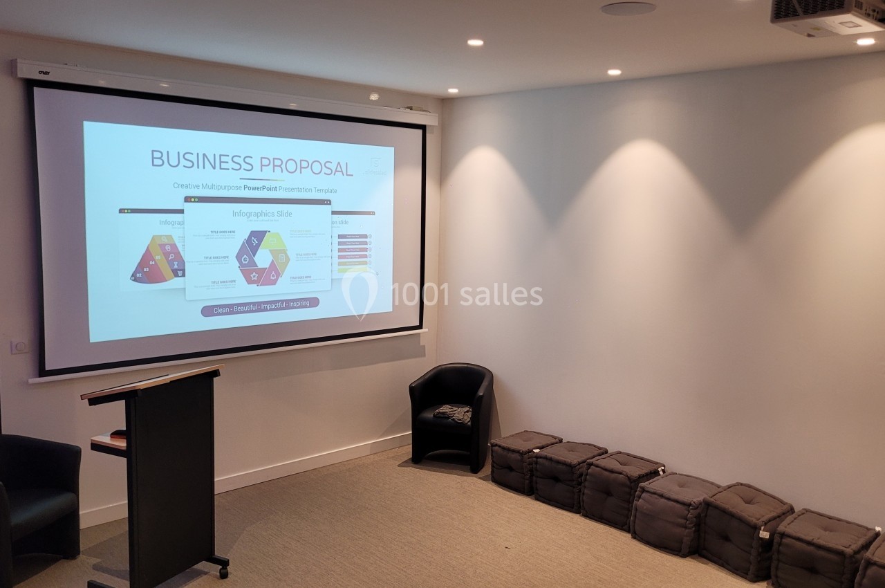 Salle de réunion avec un écran projetant une présentation intitulée ’Business Proposal’, un pupitre et des sièges pliants.