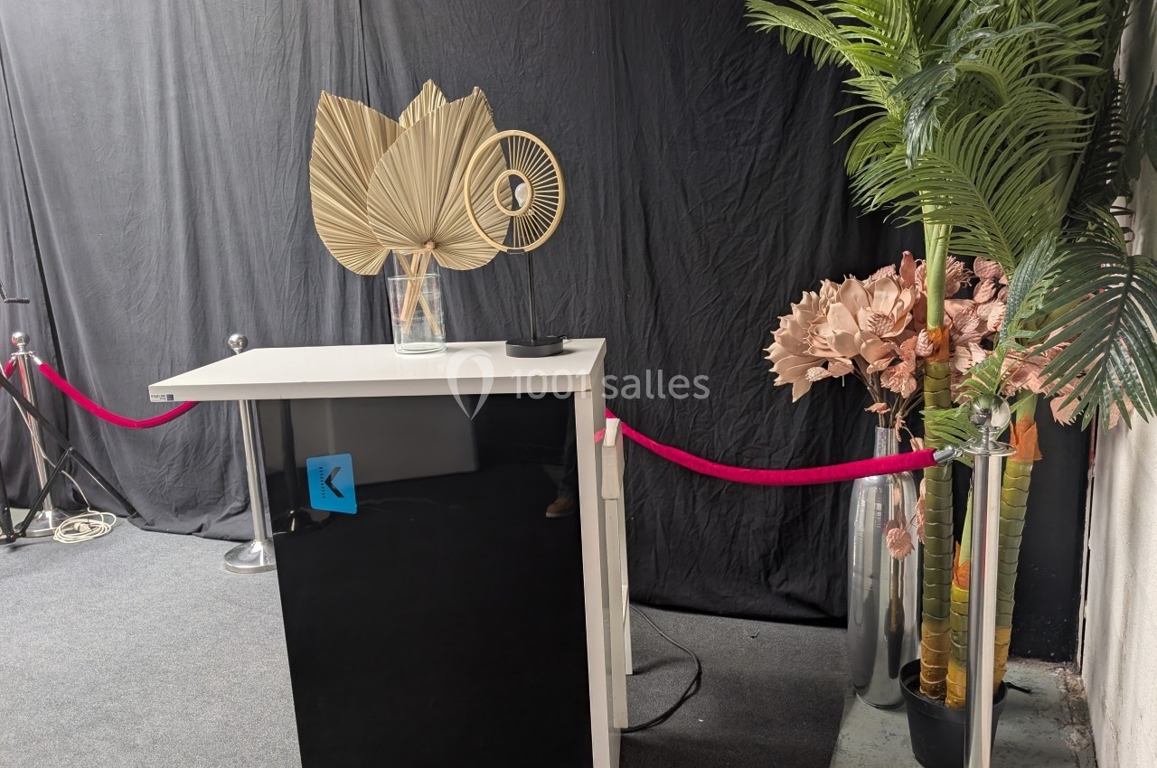 Un bureau blanc avec un vase de feuilles décoratives devant un rideau noir, entouré de plantes et de cordons rouges.
