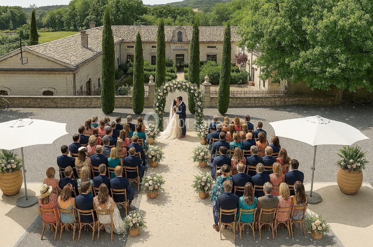 Cérémonie de mariage en plein air avec des invités assis face à un couple sous une arche fleurie, devant un bâtiment en…