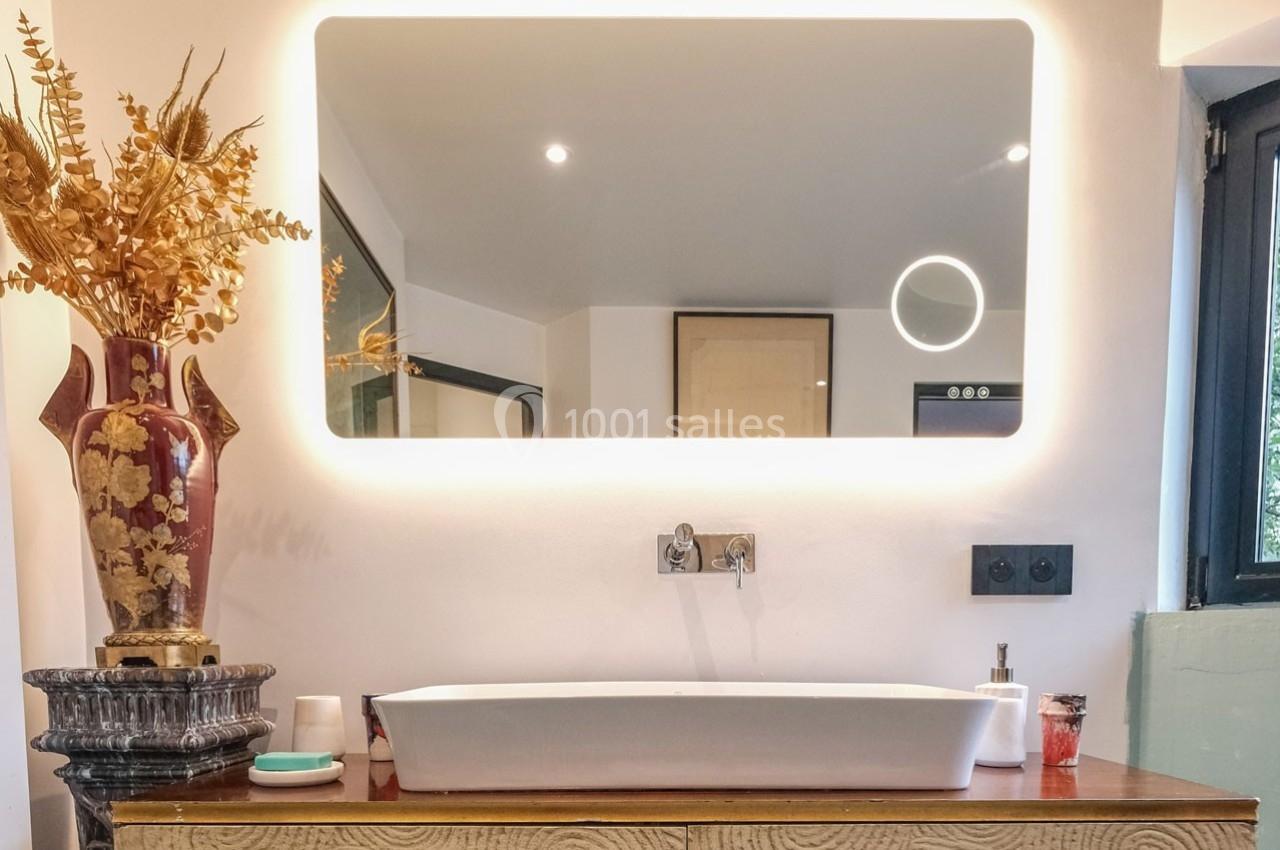 Vasque blanche sur un meuble en bois, miroir lumineux rectangulaire et vase avec fleurs séchées dans une salle de bain…