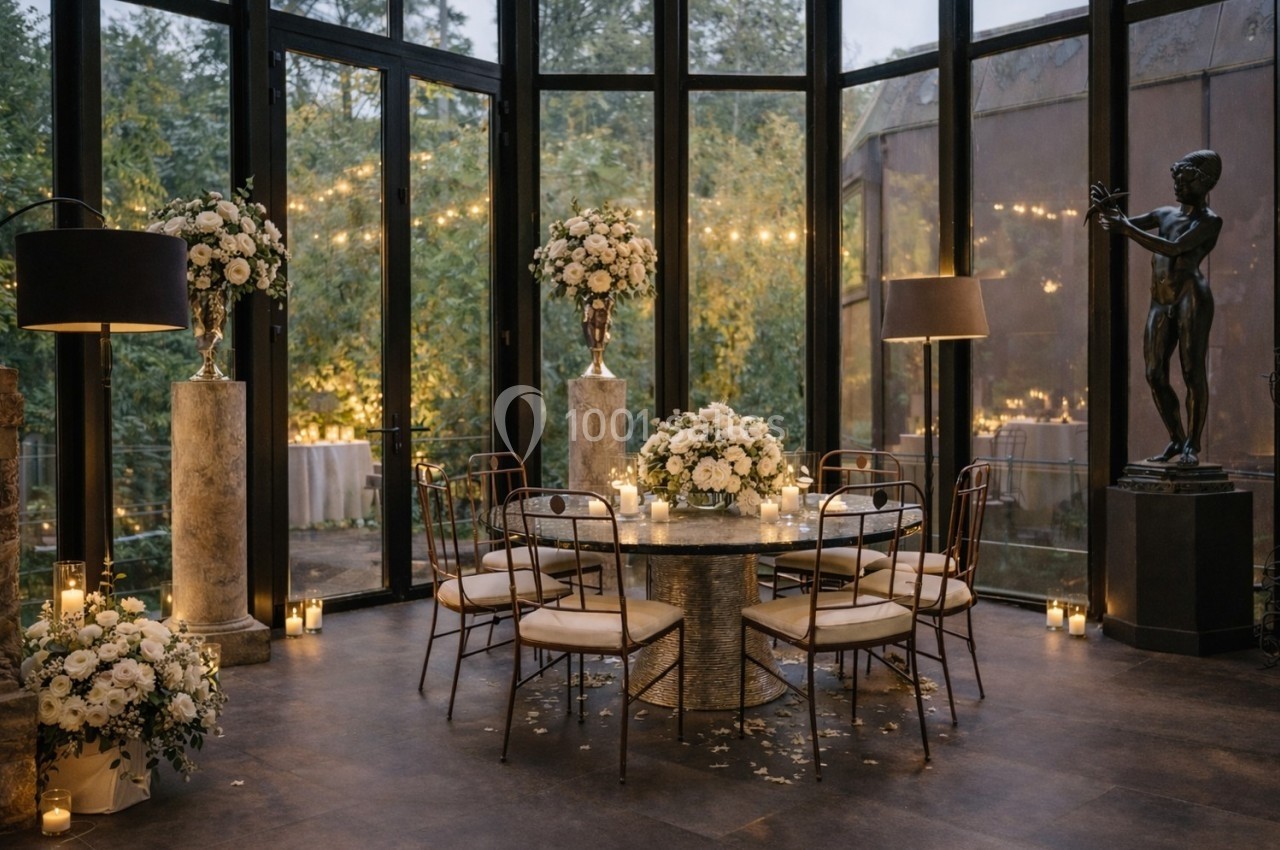 Salle vitrée décorée pour un événement, avec table ronde, chaises, bouquets de fleurs blanches et bougies allumées.