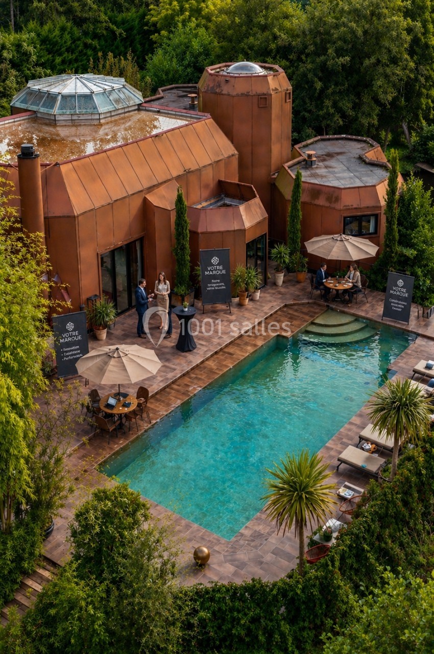 Vue aérienne d'une maison moderne en cuivre avec piscine, terrasse aménagée et végétation environnante.