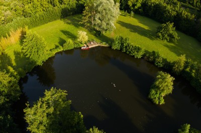 Piscine extérieure entourée de végétation, avec terrasse aménagée de chaises et parasols rouges sous un ciel bleu.