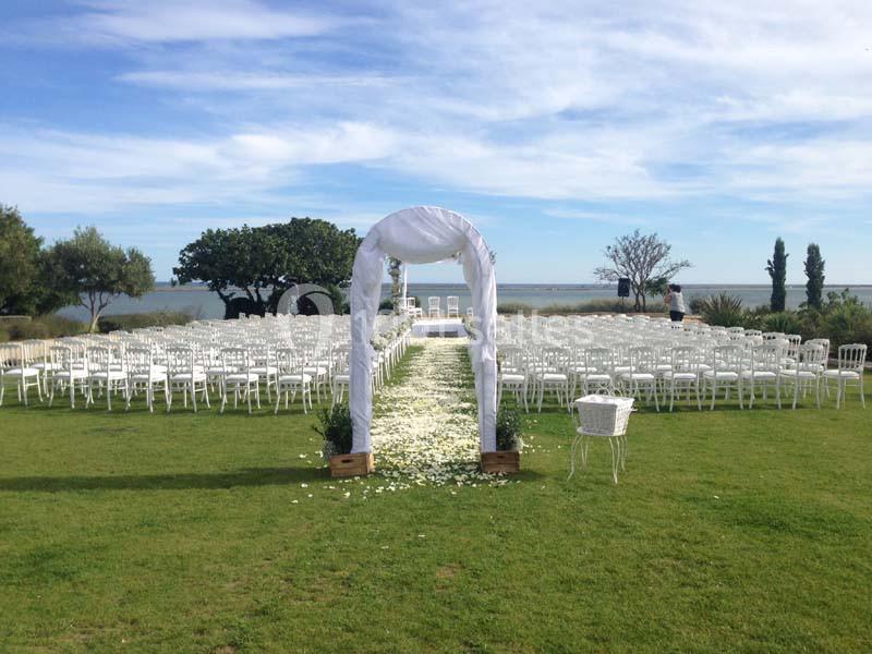 Allée décorée de pétales de fleurs menant à une arche blanche, entourée de chaises blanches sur une pelouse.