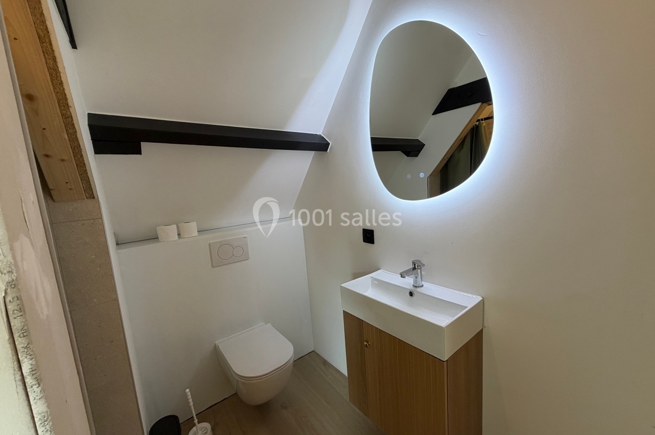 Salle de bain moderne avec toilettes suspendues, lavabo sur meuble en bois et miroir ovale rétroéclairé.