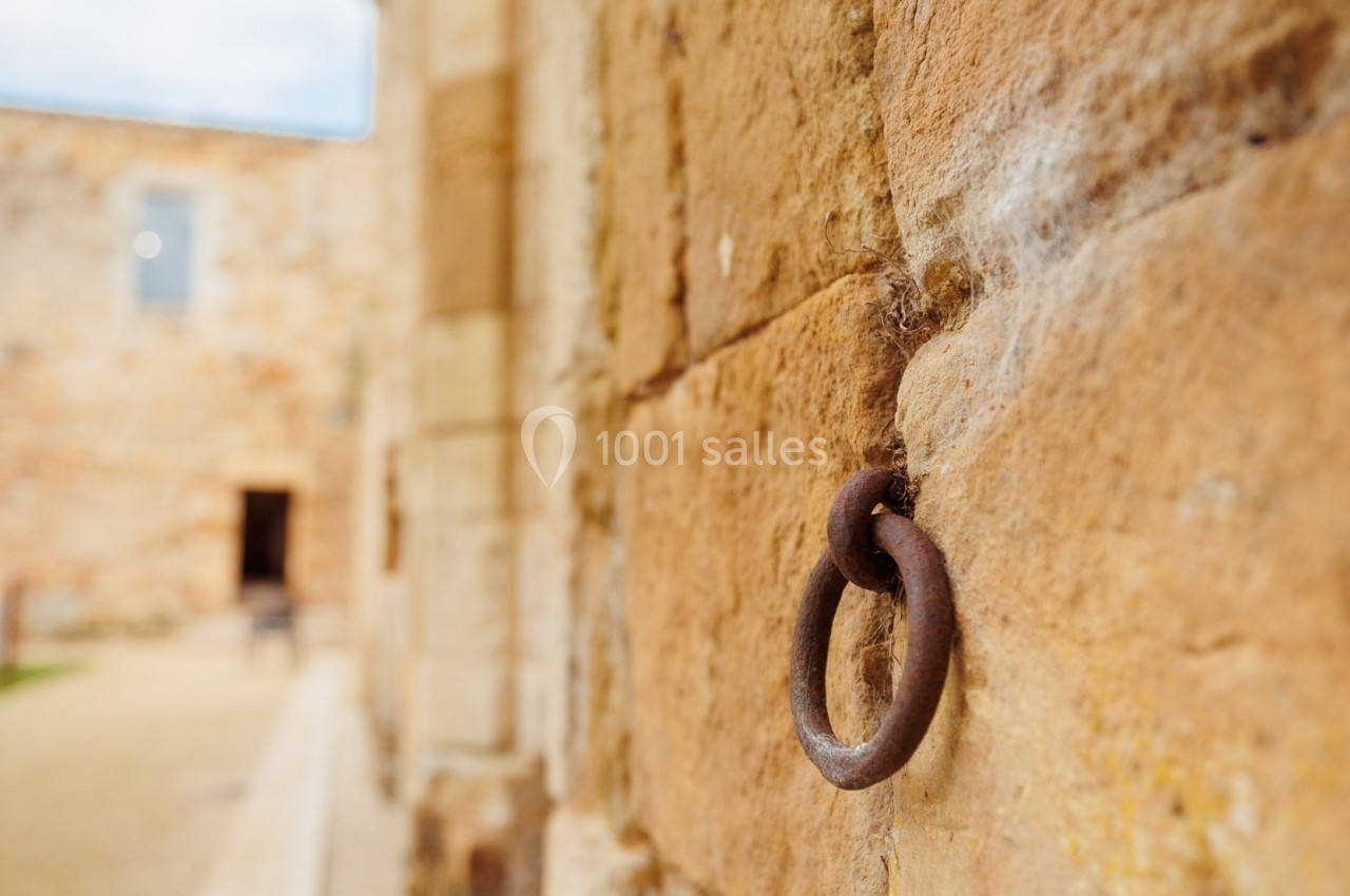 Anneau métallique fixé à un mur en pierre, dans une cour extérieure pavée sous un ciel partiellement nuageux.