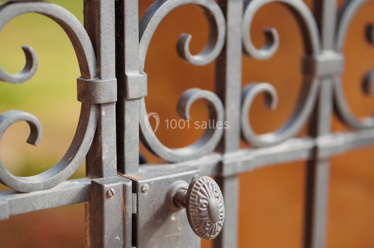 Portail en fer forgé avec des motifs courbés, doté d'une serrure ancienne, ouvert sur un espace extérieur.