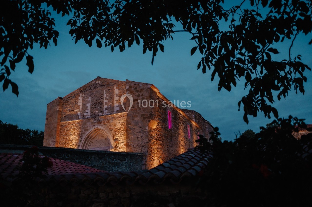 Façade d'une église en pierre éclairée de nuit, entourée de végétation sombre au premier plan.