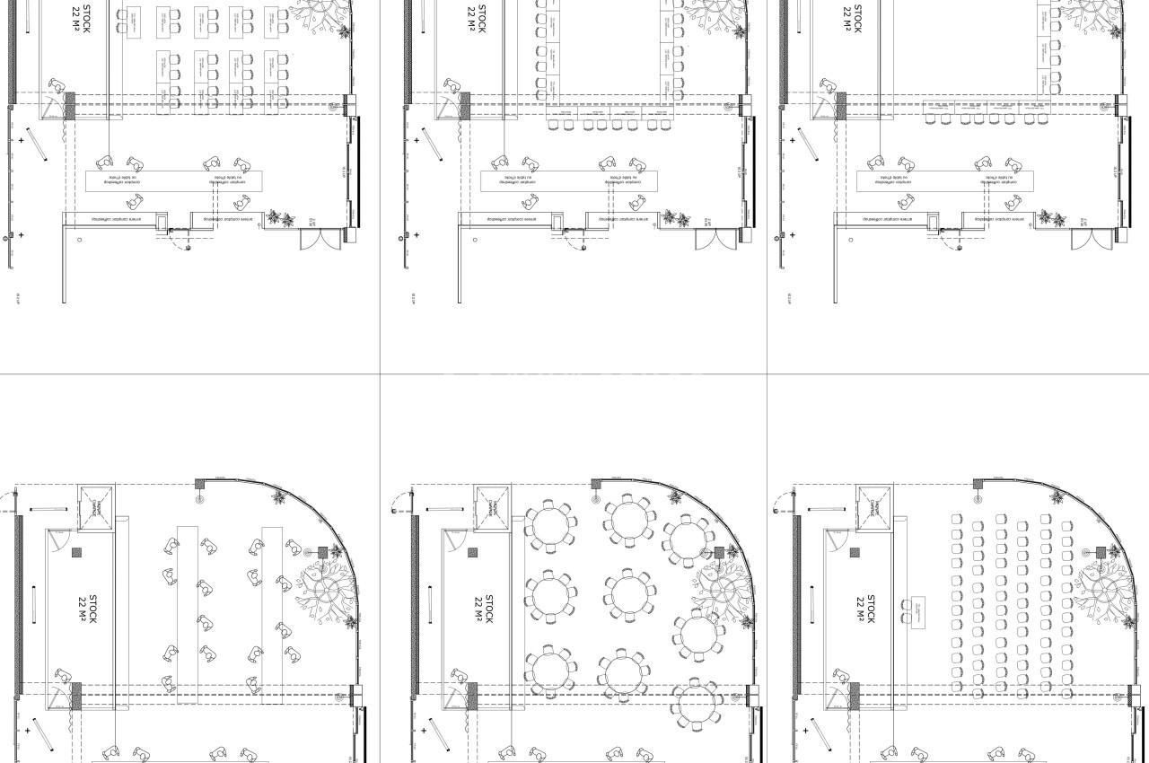 Plans d'aménagement d'une salle modulable montrant différentes configurations de mobilier et d'espaces.