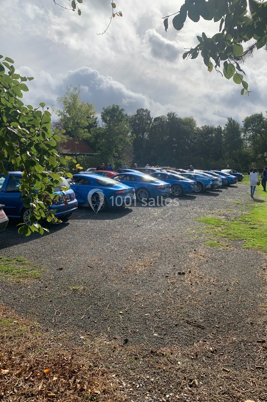Rangée de voitures sportives bleues garées sur un parking en plein air, entouré de verdure et d'arbres.