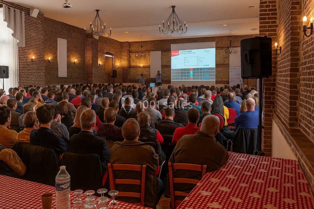 Salle de conférence avec des participants assis, assistant à une présentation projetée sur un écran.