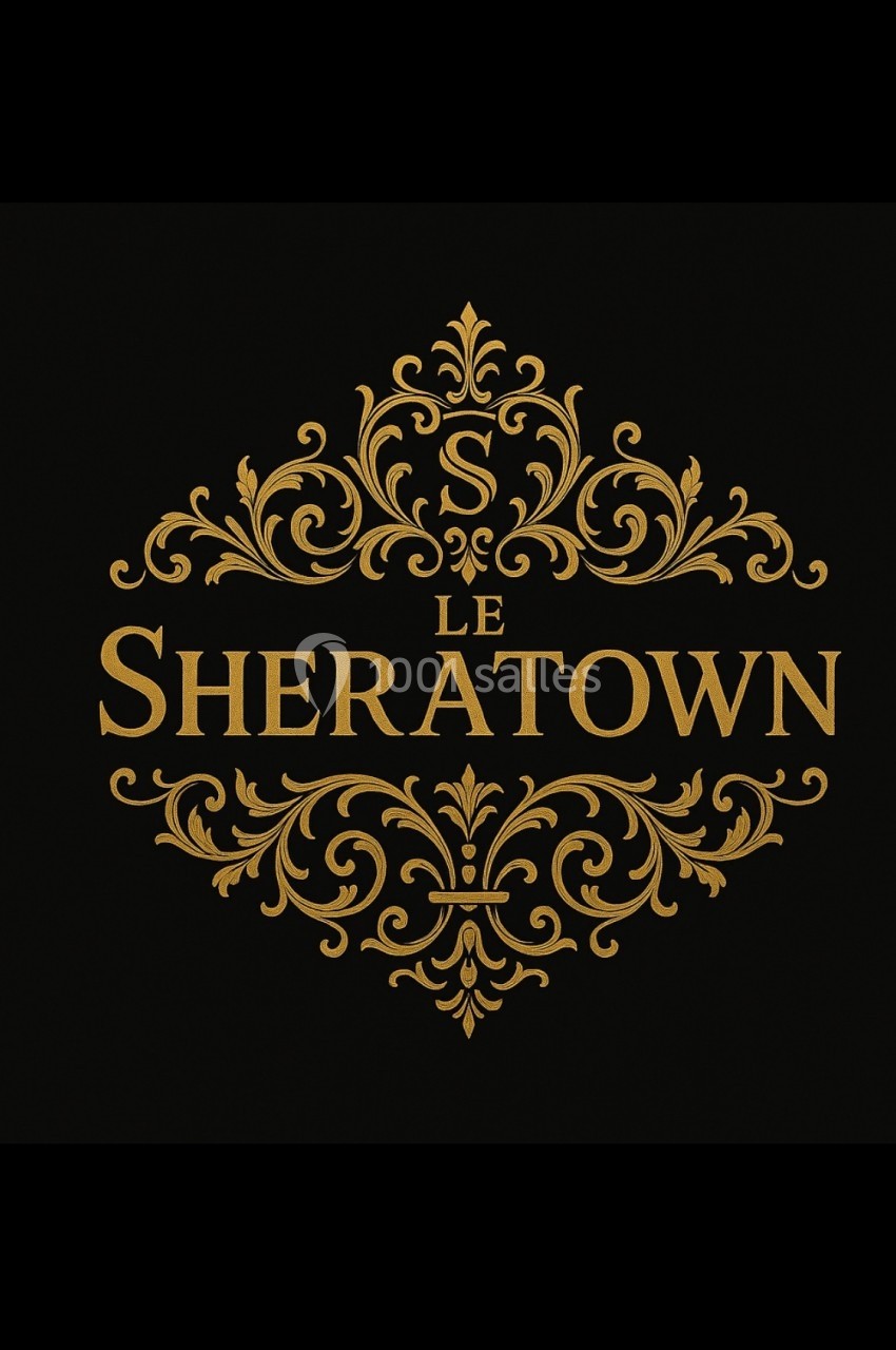 Motif décoratif doré avec le texte ’Le Sheratown’ et une lettre ’S’ stylisée, sur fond noir.