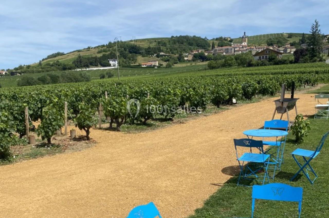 Chemin de terre bordé de vignes, avec des tables bleues en métal et un village au loin sous un ciel dégagé.