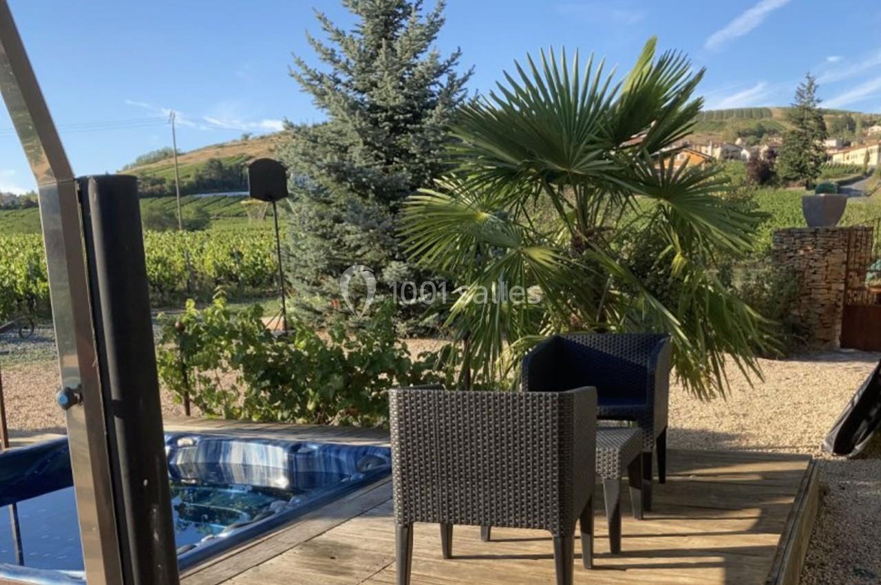 Terrasse en bois avec fauteuils, jacuzzi, palmiers et vue sur des vignes et collines sous un ciel bleu.