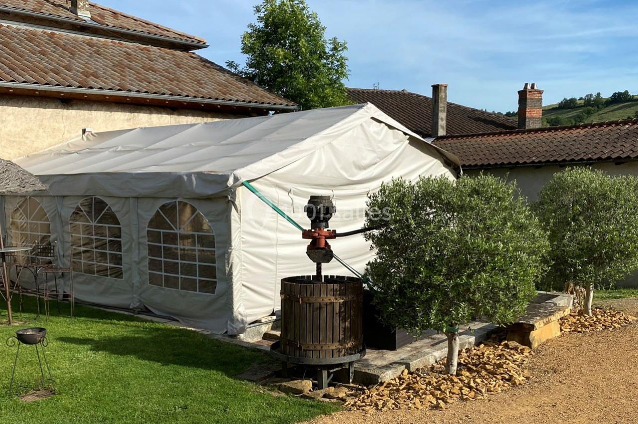 Tente blanche installée dans un jardin près d'une maison, avec un ancien pressoir en bois entouré d'oliviers.