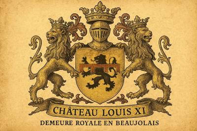 Plaque en pierre gravée avec des lions dorés, mentionnant le séjour du roi Louis XI dans cette maison en 1482.