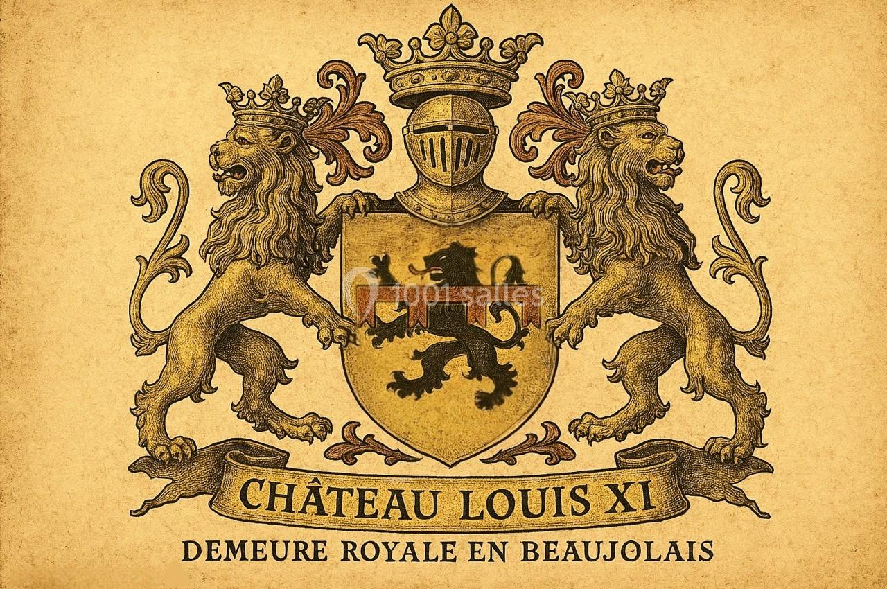Blason orné de deux lions couronnés, d'un casque et d'un ruban mentionnant ’Château Louis XI, Demeure Royale en Beaujolais’.