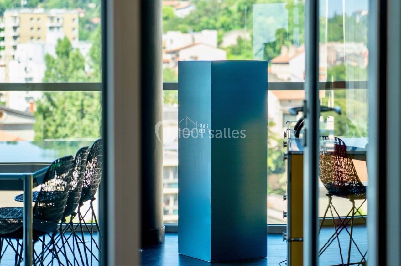 Location salle Caluire-et-Cuire (Rhône) - Le Belvédère #3 Vue d'une salle de réunion lumineuse avec des chaises en osier et une colonne bleue près d'une baie vitrée.