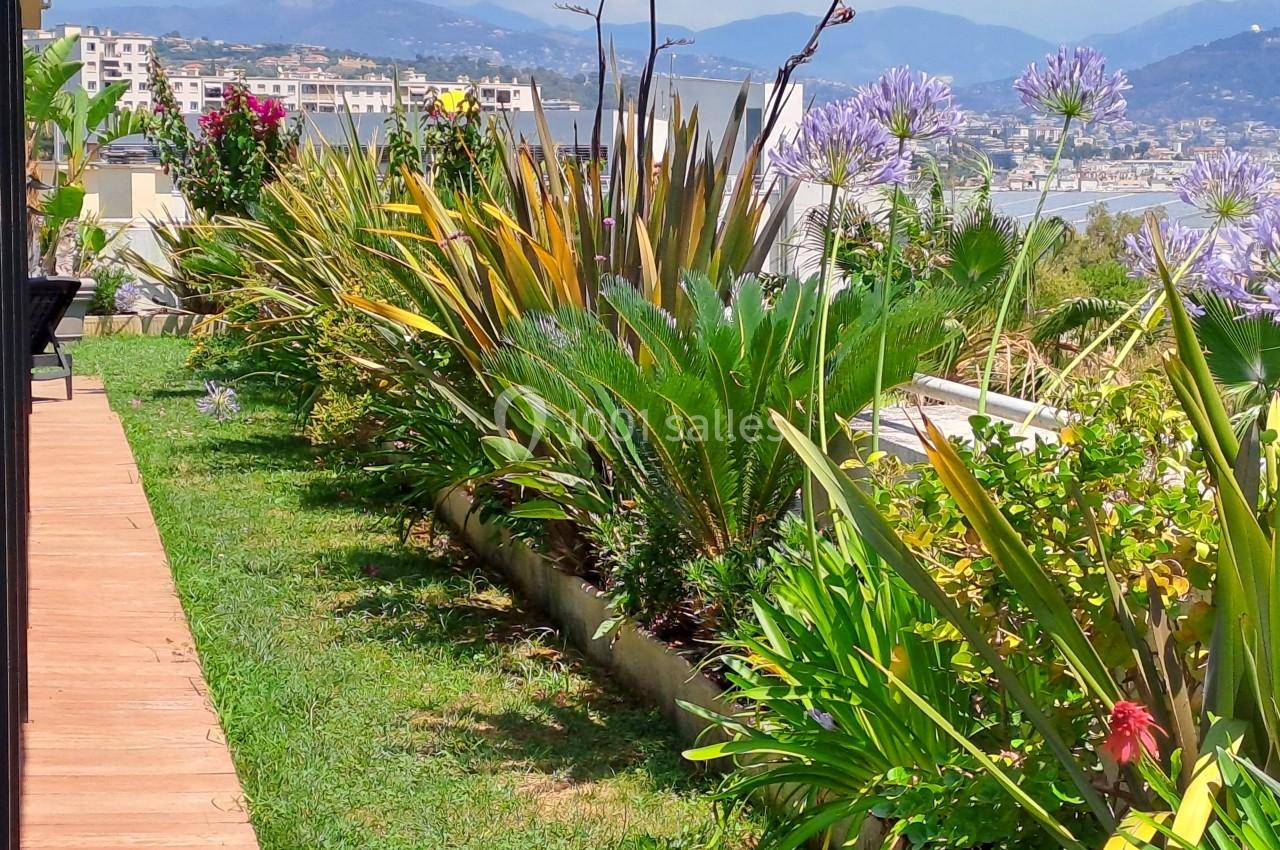 Jardin fleuri avec diverses plantes et fleurs colorées, bordé par une terrasse en bois, avec vue sur des montagnes.