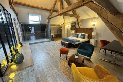 Chambre spacieuse sous combles avec poutres apparentes, lit double, coin salon coloré et grande baie vitrée.