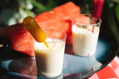 Deux verrines de yaourt avec pipettes colorées, posées sur une assiette près de tranches de pastèque.