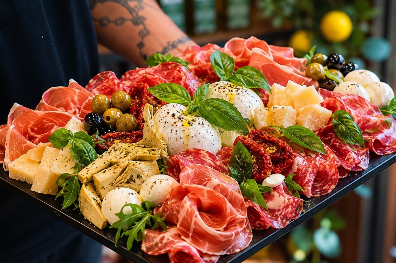 Plateau de charcuteries et fromages avec burrata, olives, tomates séchées, artichauts et basilic, tenu par une personne.