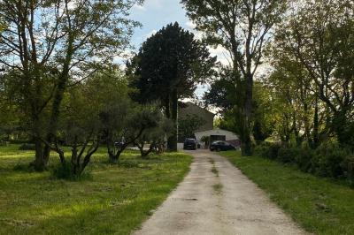 Maison avec terrasse entourée de végétation, située dans un jardin avec allée en gravier et ciel dégagé en arrière-plan.