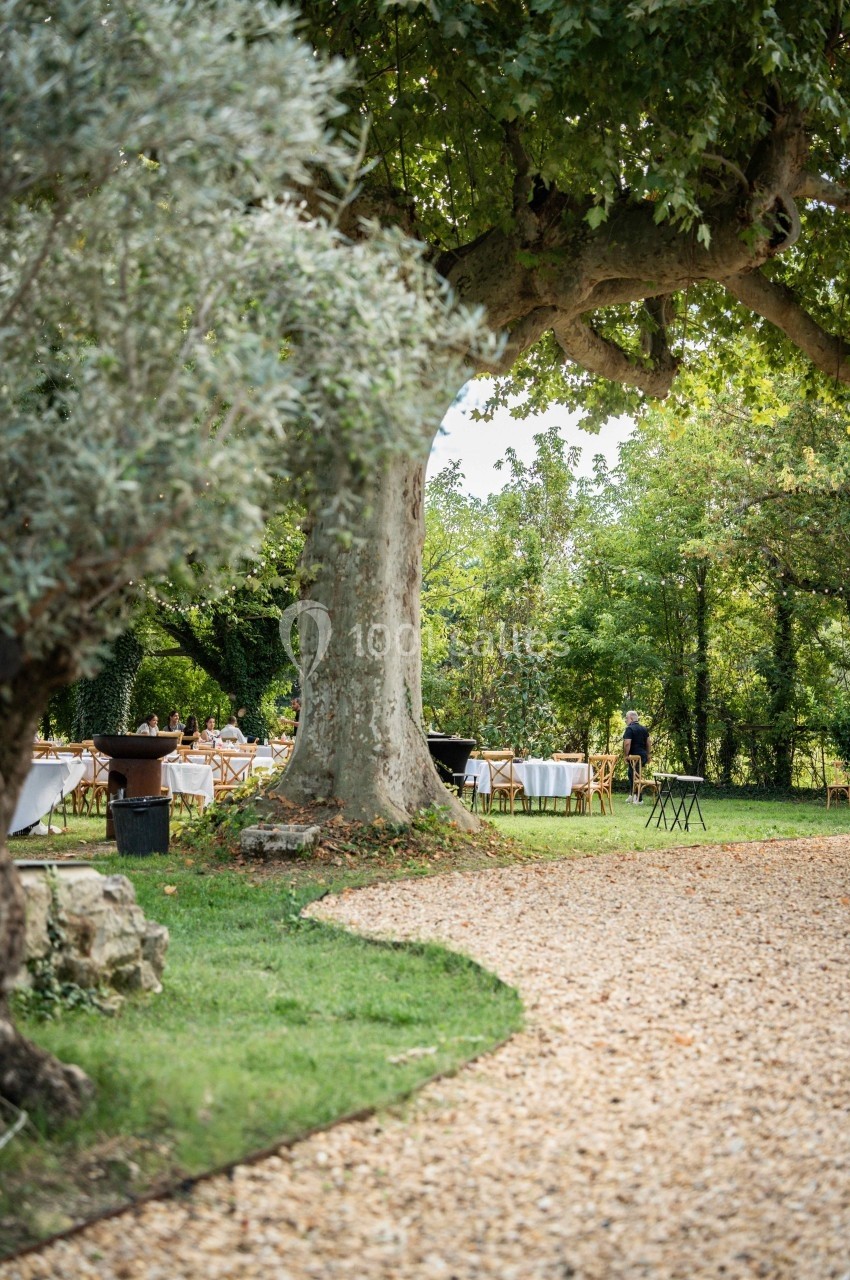 Allée de gravier bordée d'arbres menant à des tables dressées en extérieur dans un cadre verdoyant.