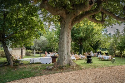 Miniature Location salle Monteux (Vaucluse) - Mas Adamon #44 Cour extérieure éclairée de nuit avec des guirlandes lumineuses suspendues à un grand arbre et des lampes au sol.