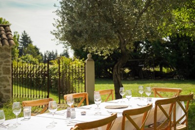 Miniature Location salle Monteux (Vaucluse) - Mas Adamon #49 Cour extérieure éclairée de nuit avec des guirlandes lumineuses suspendues à un grand arbre et des lampes au sol.