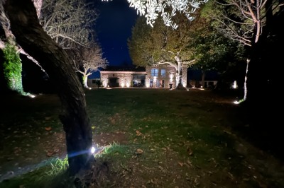 Miniature Location salle Monteux (Vaucluse) - Mas Adamon #48 Cour extérieure éclairée de nuit avec des guirlandes lumineuses suspendues à un grand arbre et des lampes au sol.