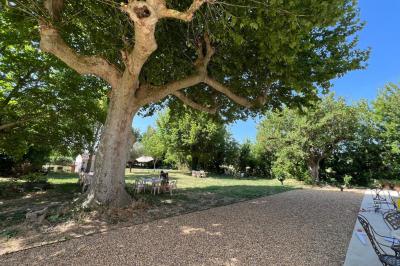 Maison avec terrasse entourée de végétation, située dans un jardin avec allée en gravier et ciel dégagé en arrière-plan.