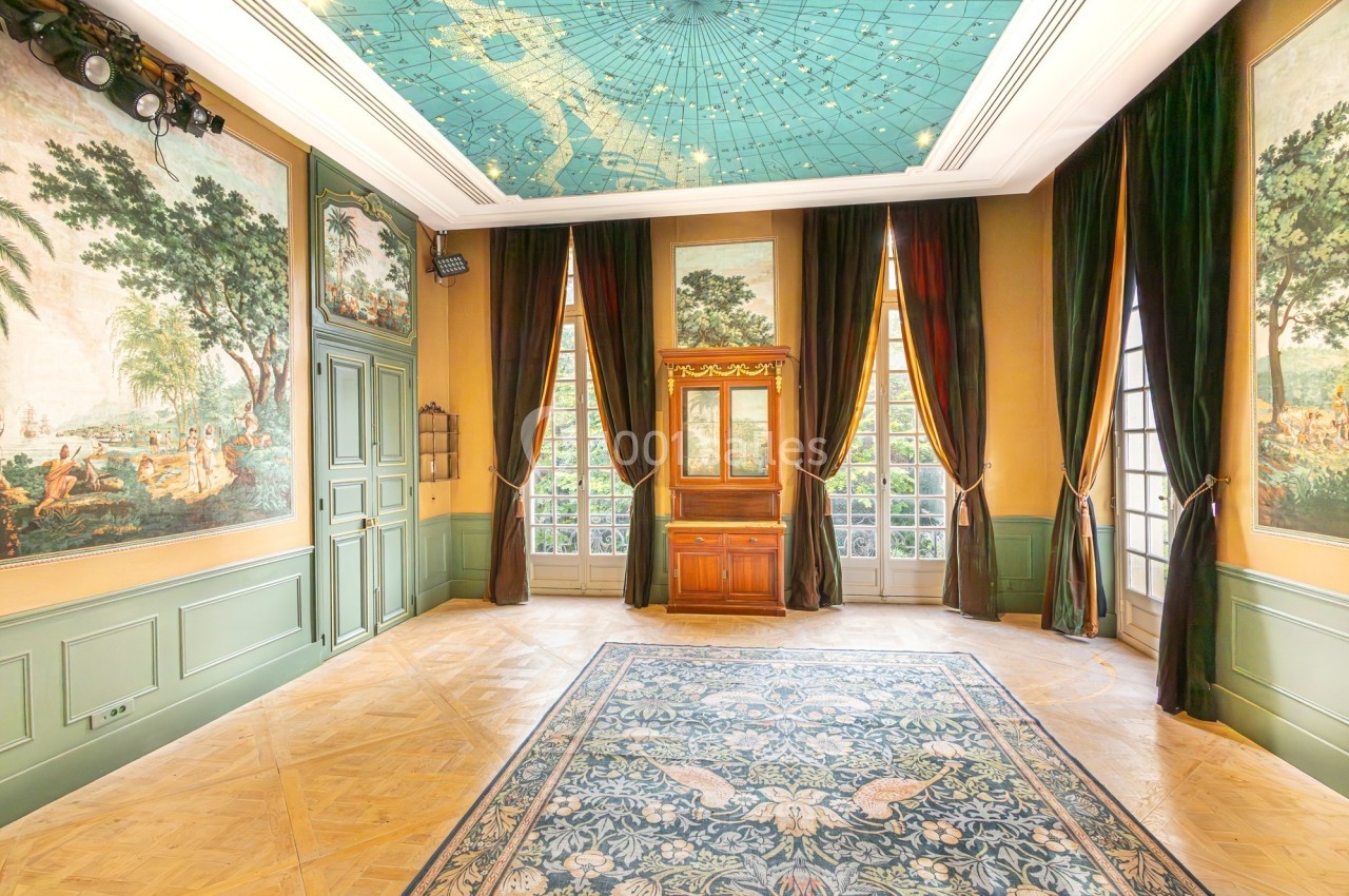 Salle lumineuse avec parquet, tapis décoré, fresques murales, rideaux sombres et plafond orné d'une carte céleste.